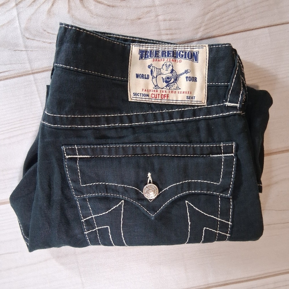 True Religion Men's Cut Off 100% Linen Shorts Sz 34 Black White Stitch